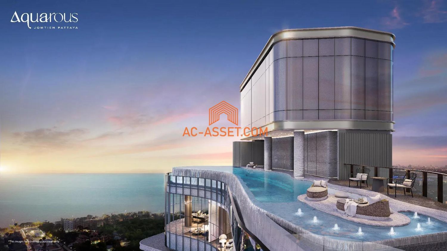 Luxury condo for sale Aquarous Jomtien Pattaya 500m to the beach sea view prime location with rental guarantee 7 %
